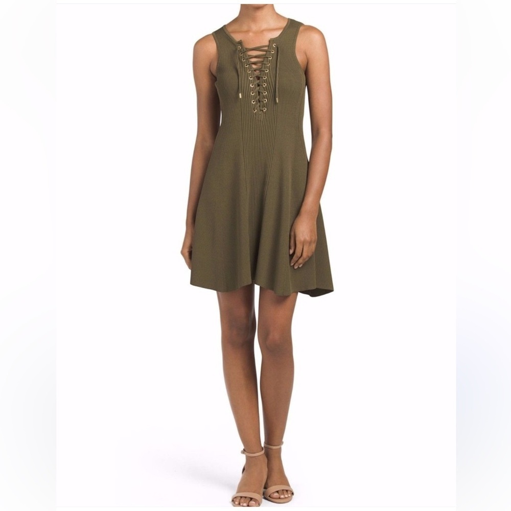 TORN BY RONNY KOBO Medium LACE UP TEXTURED FIT AND FLARE SLEEVELESS DRESS OLIVE